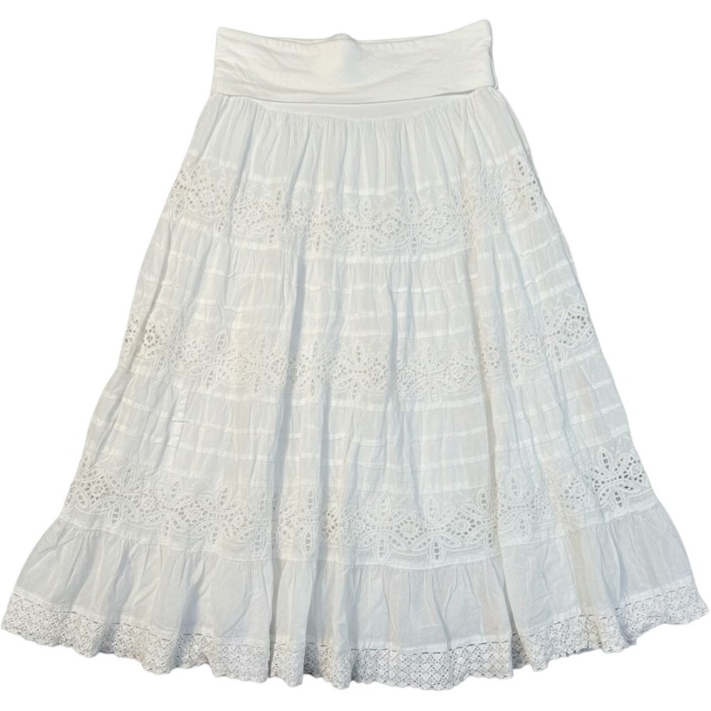 Cute Options Maxi Skirt L White Eyelet Lace Tiered Cotton Boho Cottagecore